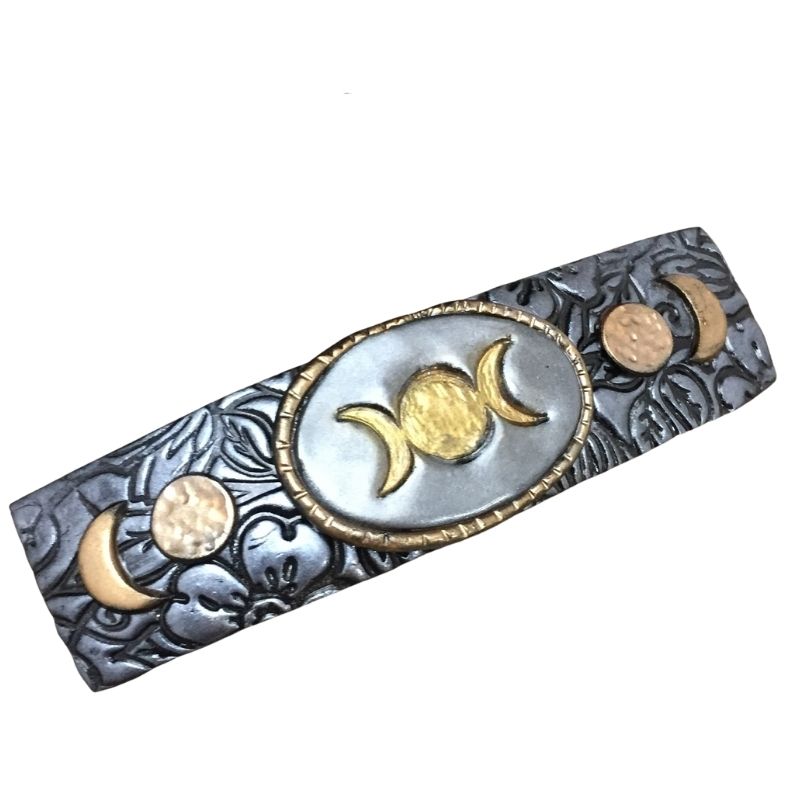 triple moon goddess hair clip with gold and silver accents