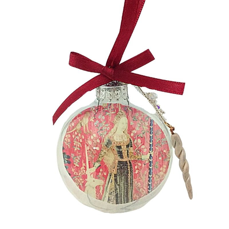Christmas ball tree ornament with medieval woman and unicorn with unicorn horn charm