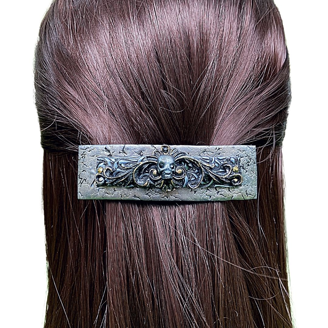 victorian skul hair barrette on model with filigree scroll detail