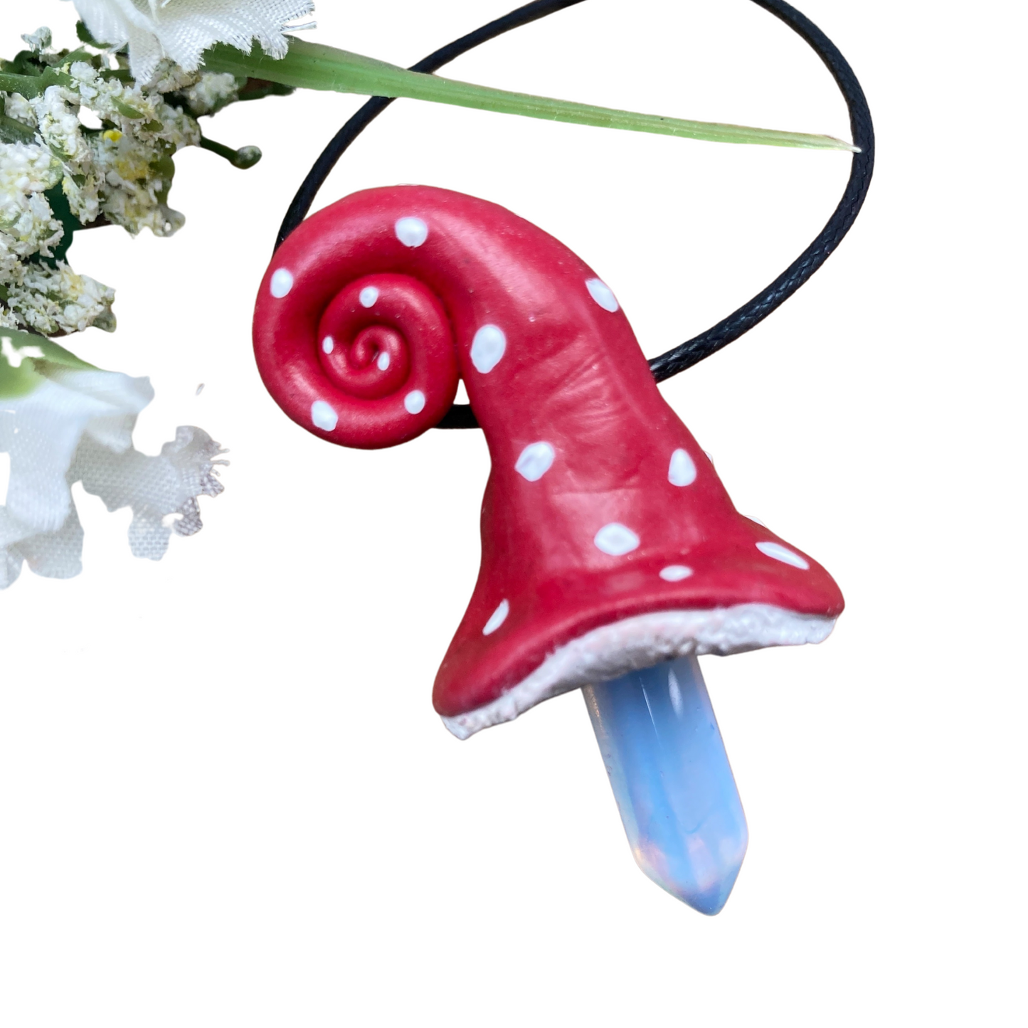 White spotted whimsical mushroom pendant with Opalite crystal and black cord necklace