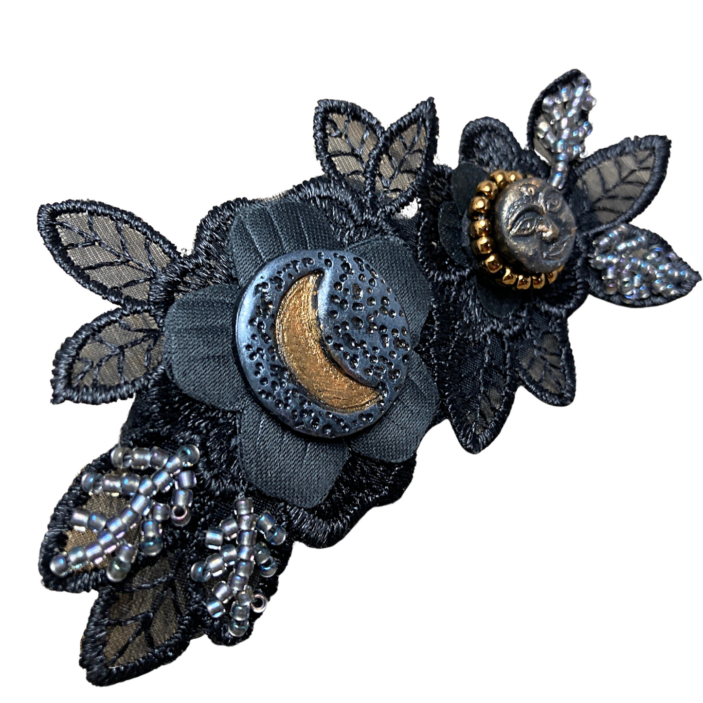 Black applique flower hair clip beaded with silver and gold beads with a crescent moon and a full face moon focal cabochons 