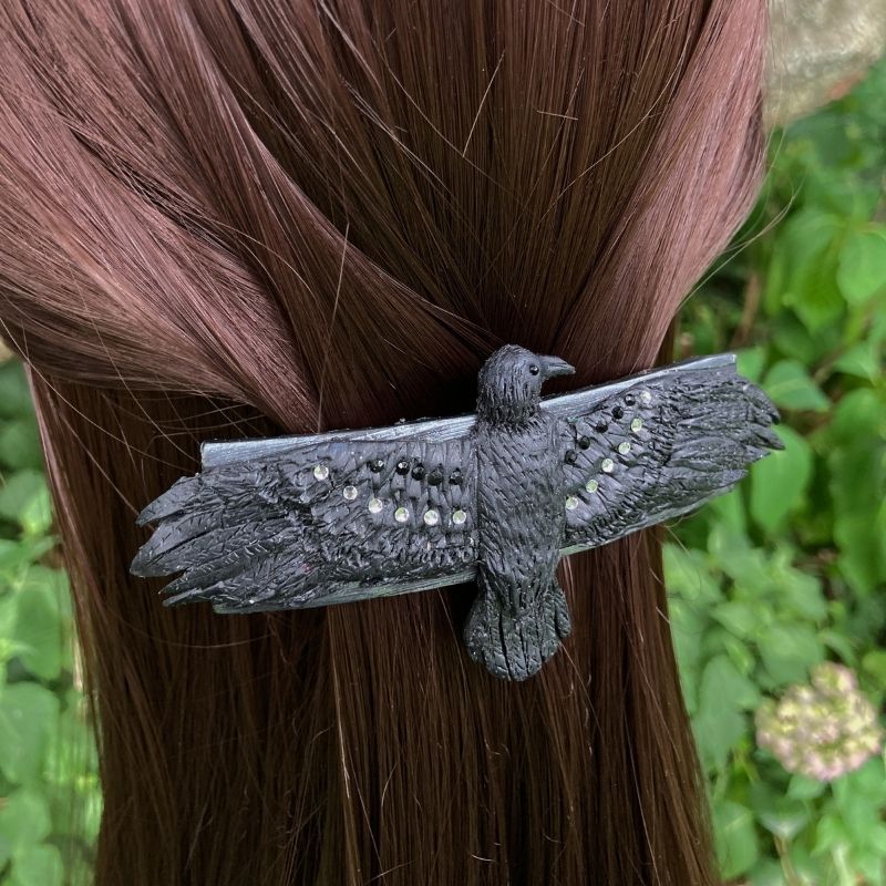 black raven hair clip or witchy hair pin with crystals on wings