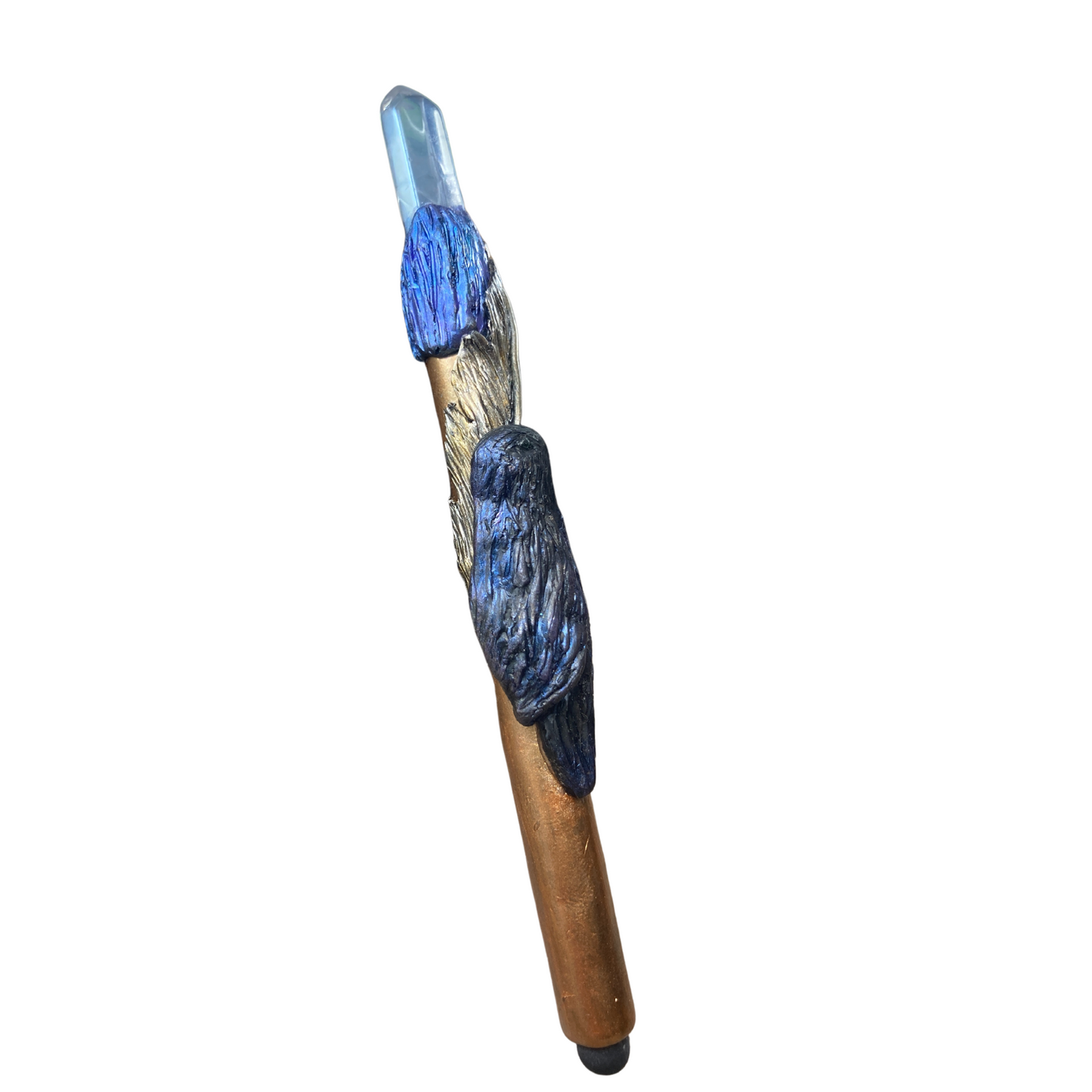 raven bird with fold feather and raw blue crystal phone stylus